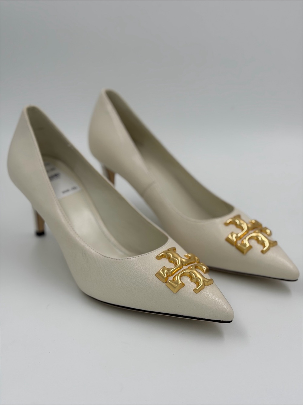 Tory Burch Ivory Pointed-Toe Logo Kitten Heel Pump
